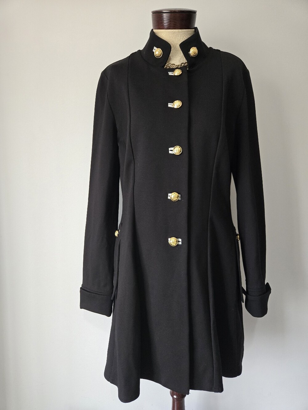 Joseph Ribkoff Black Military Fit And Flare Coat with Gold Buttons. Size 14